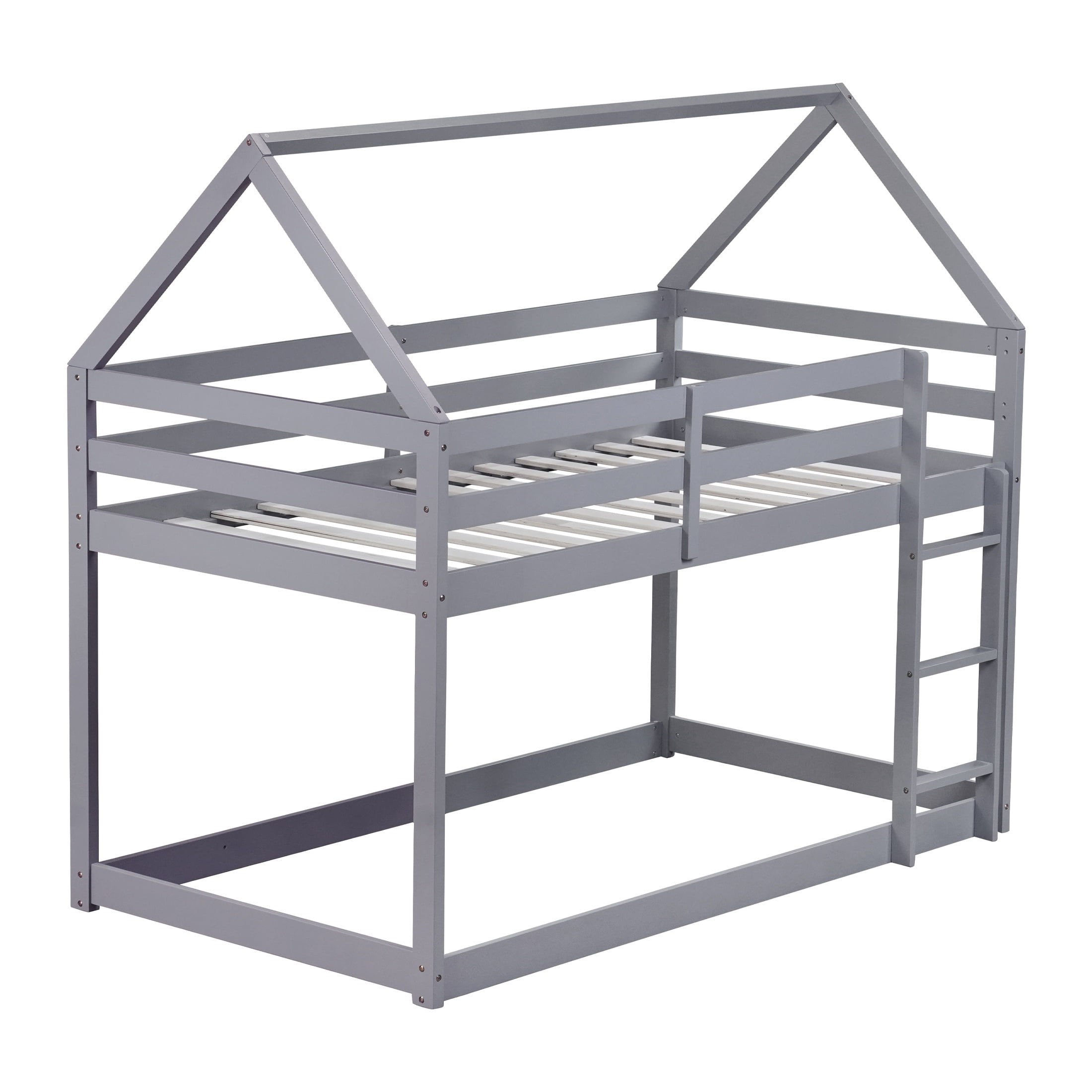 PORKISS Bunk Bed Twin Over Twin, Kids Low Floor Bunk Bed with Guard Rails for Children Boys Girls Dormitory Bedroom, Rubber Wood Bunk Bed, No Box Spring Needed, Grey #