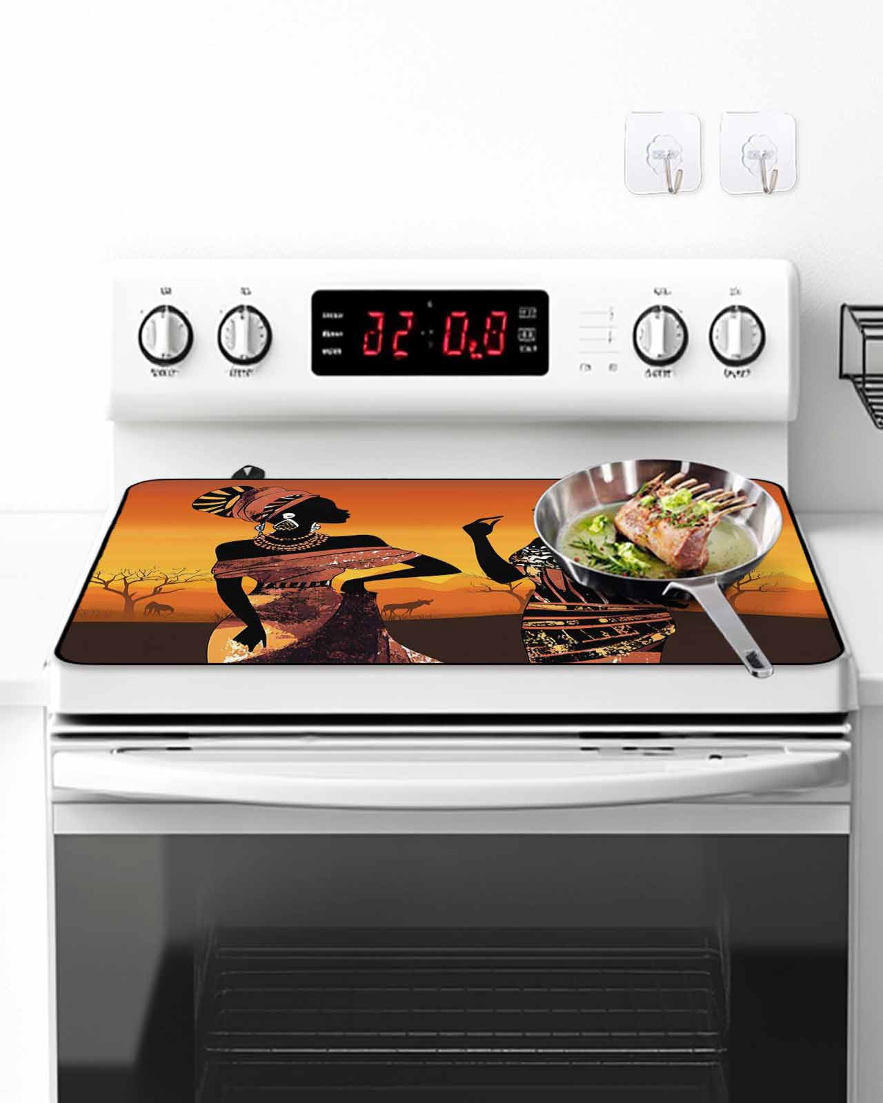 Stove Top Covers for Electric Stove, Black Orange Girls Boho Glass Stovetop Cover Protector, Vintage Ethnic Abstract Art Induction Cooktop Protector Oven Mat for Kitchen Countertop 24"x21"