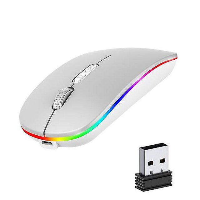 Ratón inalámbrico LED, ratón inalámbrico recargable silencioso de 2,4 g con receptor USB para computadora portátil, MacBook, color blanco claro de luna