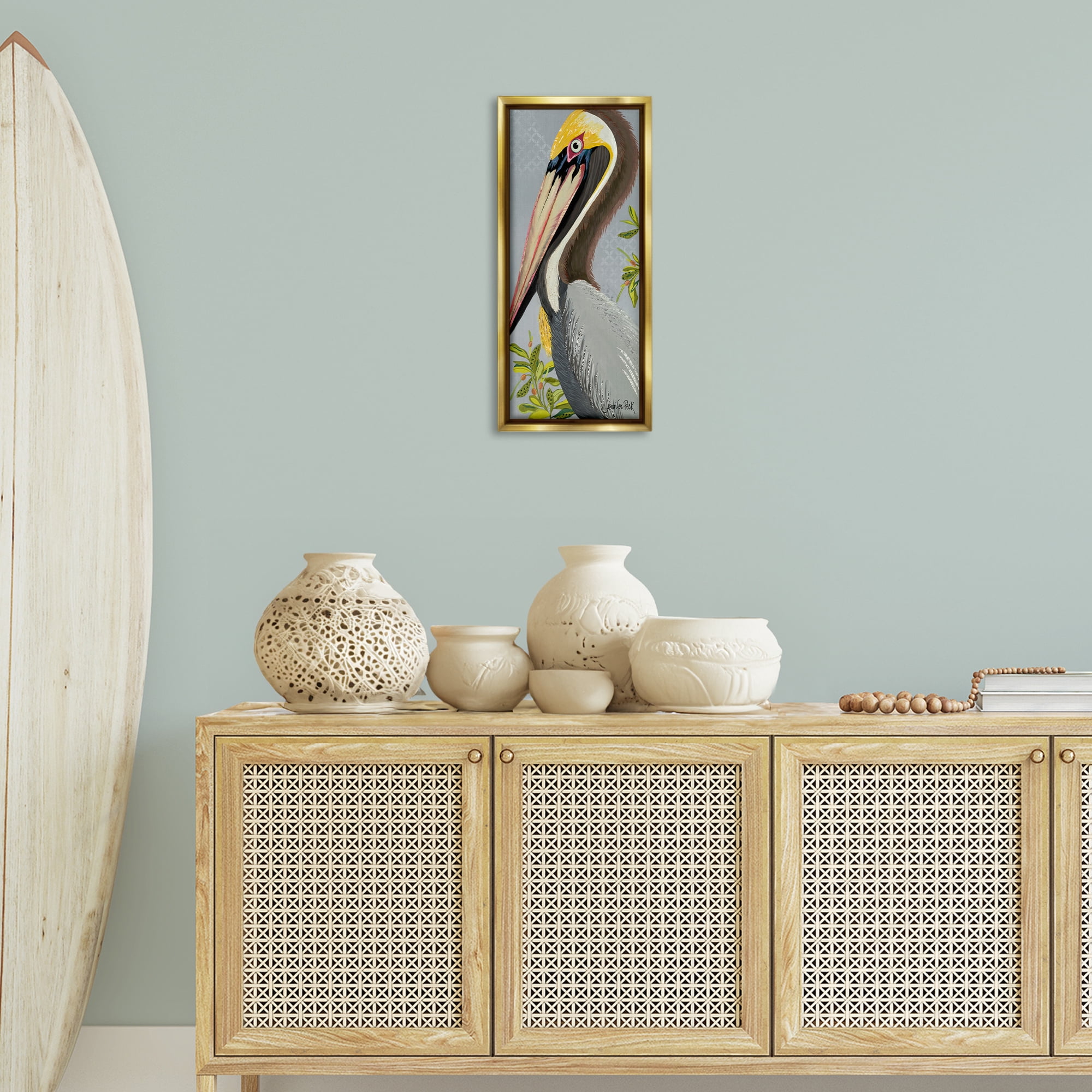 Stupell Industries Pelican on Grey Animals & Insects Painting Gold Floater Framed Canvas Art Print Wall Art, 11 x 25