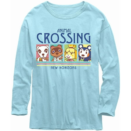 Animal Crossing: New Horizons - Tom Nook, K.K., Isabelle & Mabel Able Character Adult Long Sleeve T-Shirt (Small, Blue)
