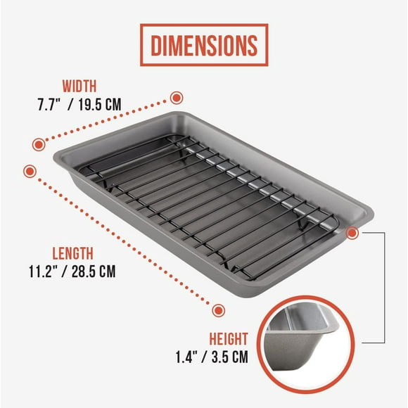 Chef Pomodoro Nonstick Carbon Steel Small Roasting Pan Roaster with Flat Rack, 11 x 7.7-Inch, Petite Mini, Grey, Bakeware Toaster Oven Countertop Oven Baking, Single Serving