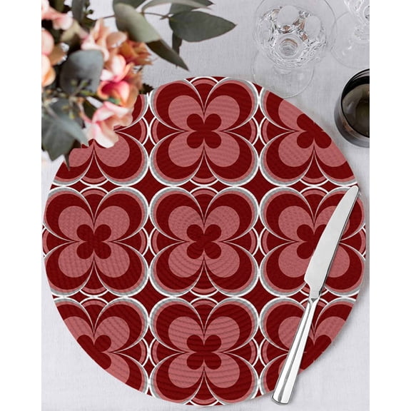 13 Inch Round Placemats Set of 4, Red Boho Non Slip Heat Insulation PP Table Mats, Vintage Country Ethnic Abstract Flowers Art Washable Place Mats for Kitchen Dining Party Table Decor