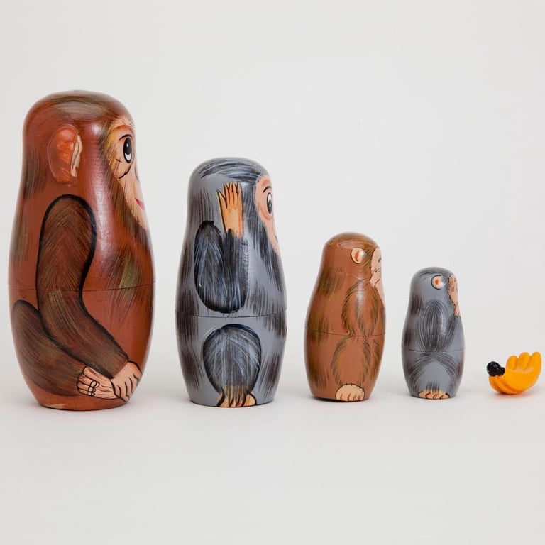 Nest. Monkeys Hand-Painted Wooden Matryoshka Dolls - Set of 5, 6