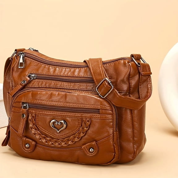 YOGAMA Retro Crossbody Bag, Multi-Pocket Casual Handbag with Adjustable Strap, Large Capacity Solid Color Shoulder Bag with Heart-Shaped Decoration, Stylish Everyday Bag for Women