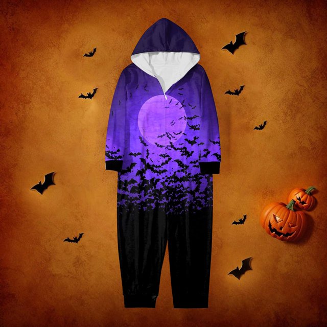 Family Halloween Pjs Matching Sets Halloween Print Long Sleeve Zippered One Piece Pajama Hooded Jumpsuit Winter Halloween Pjs Family Set