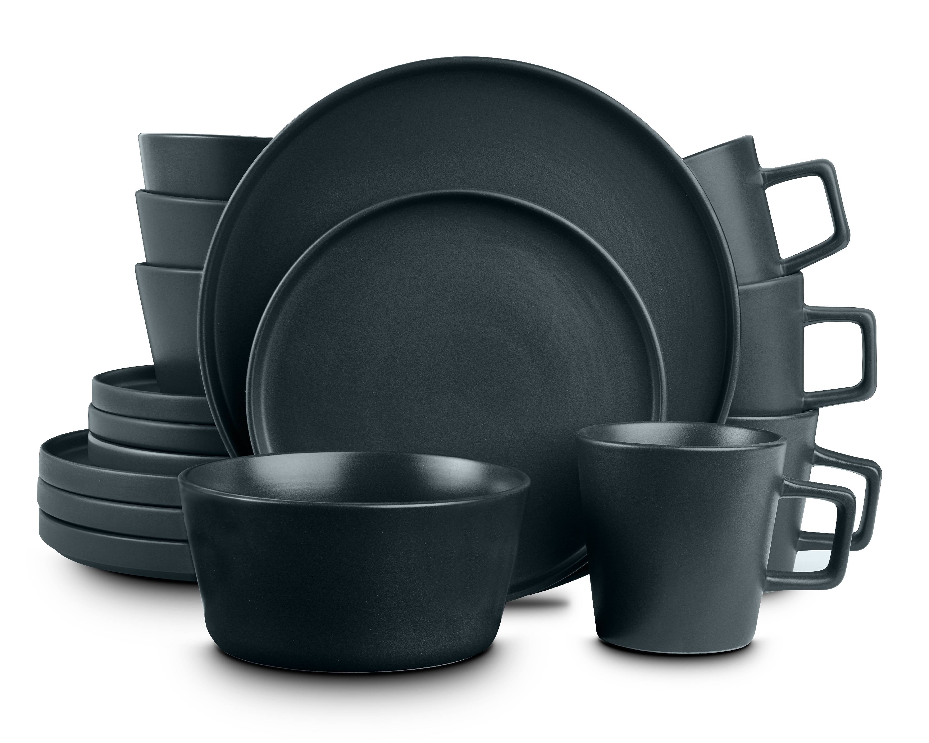 Round Dinnerware Set 16-Piece Stoneware Dinner Salad Plates Bowl Mugs Black 