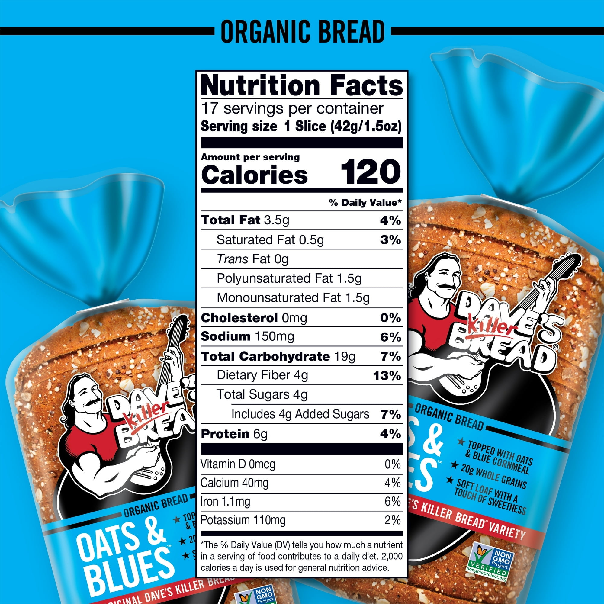Dave's Killer Bread Organic Oats & Blues Regular Size Loaf, 25 oz, USDA Organic