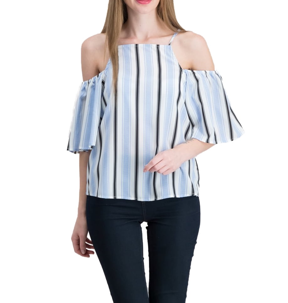 Almost Famous Juniors Striped Cold-Shoulder Top