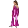thumbnail image 2 of TiaoBug Girls Metallic One Shoulder Flared Jumpsuit 70s Disco Dance Outfit Kids Pageant Party Formal Romper Hot Pink 10, 2 of 7