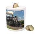 thumbnail image 3 of Steam Engine Piggy Bank, Vintage Locomotive in Countryside Scenery Green Grass Puff Train Picture, Ceramic Coin Bank Money Box for Cash Saving, 3.6" X 3.2", Blue Green Black, by Ambesonne, 3 of 4