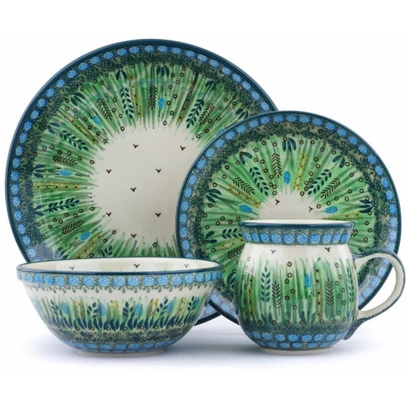 Polish Pottery 4pc Place Setting Polmedia Prairie Land Theme UNIKAT Hand Painted in Boleslawiec, Poland   Certificate of Authenticity