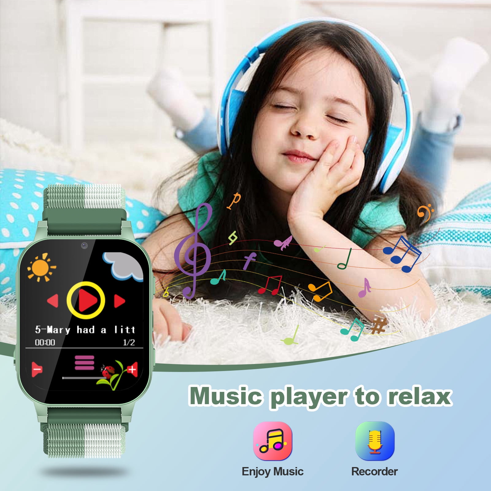 SHANNA Kids Smart Watch for Boys Girls Aged 4-12,  1.83'' HD Touch Screen with 30 Games and 140 Learning Cards, Music Player Camera Pedometer Story Telling, Green