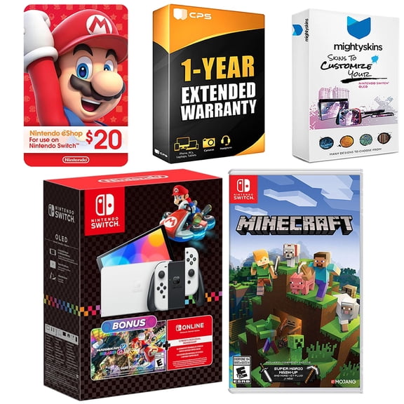 Nintendo Switch OLED Console Mario Kart 8 Bundle with Minecraft: Switch Edition, Nintendo $20 eShop Gift Card, MightySkins Console and Controller Skin Voucher and 1 Year CPS Extended Warranty