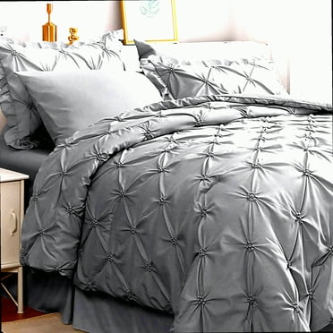 Gray Ruffled Queen Bedding Set - 7 Piece Comforter Set with Sheets, Shams, Pillowcases - Pintuck Bed in a Bag
