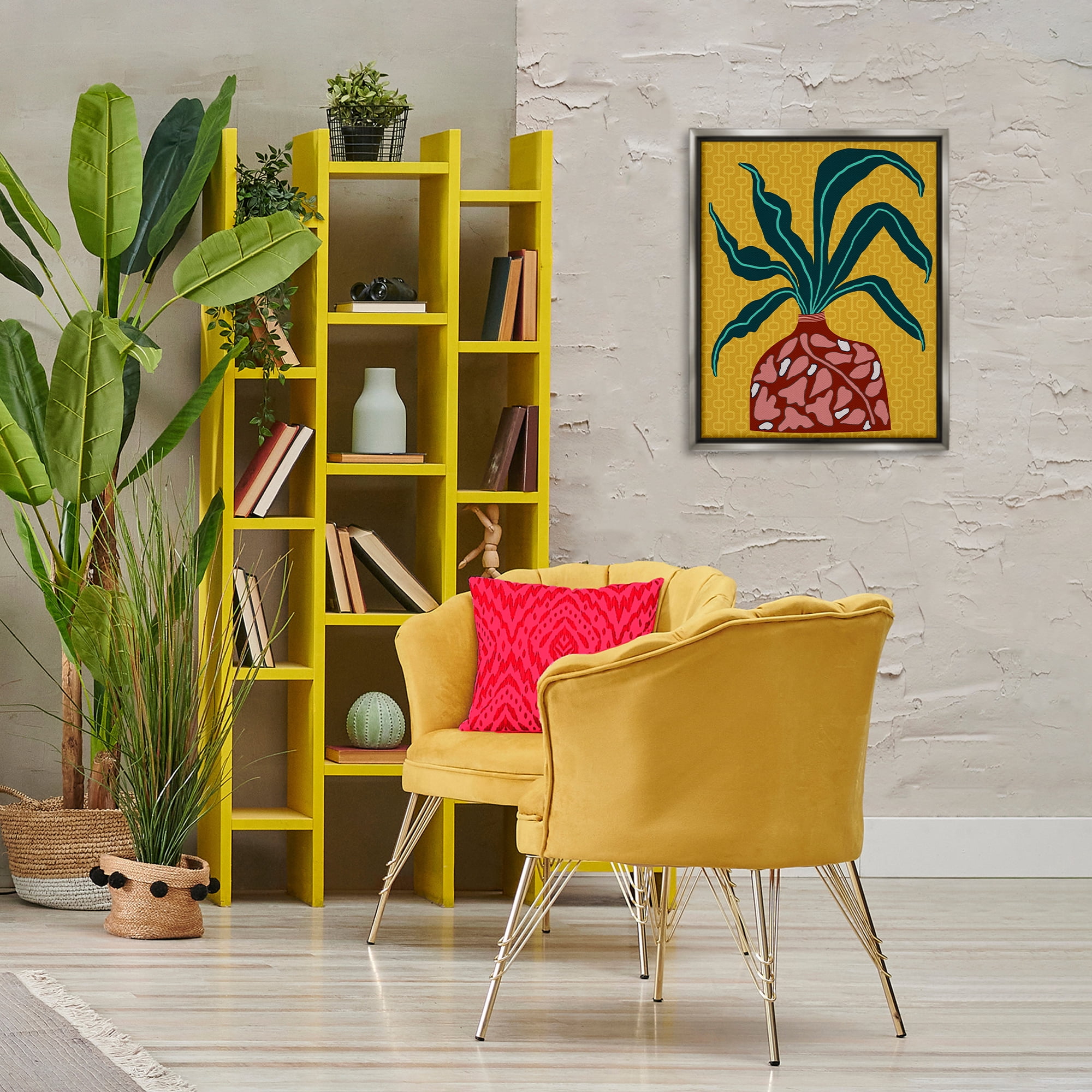 Stupell Industries Spider Plant on Yellow Plants & Flowers Painting Gray Floater Framed Canvas Art Print Wall Art, 17 x 21