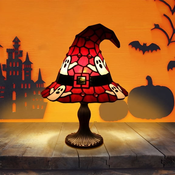 ACDANC Witch Hat Table Lamp Ornament for Halloween Indoor decor,Stained Glass Witch Hat Lamp,Gothic Spooky Decorative Standing Night Light,Unique Halloween Party Lighting Decorations
