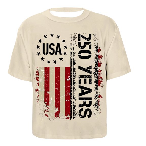 Angala Kids T Shirts Patriotic Print Crew Neck Short Sleeve Summer Cropped Independence Day Design Casual Dailywear Girls Tees Size 5-6 Years Beige
