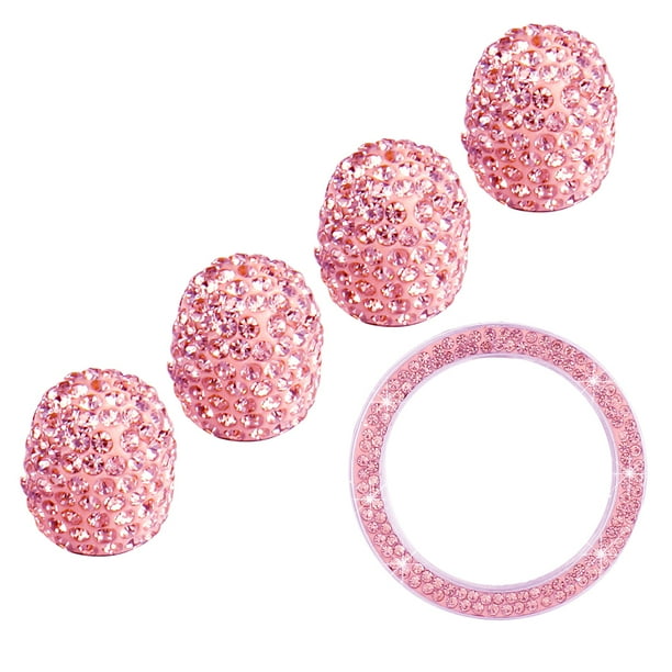 Juego de 5 tapones para vástago de coche, anillo de botón de encendido, tapones universales con diamantes de imitación para neumáticos, decoración para llave de arranque de coche (rosa)