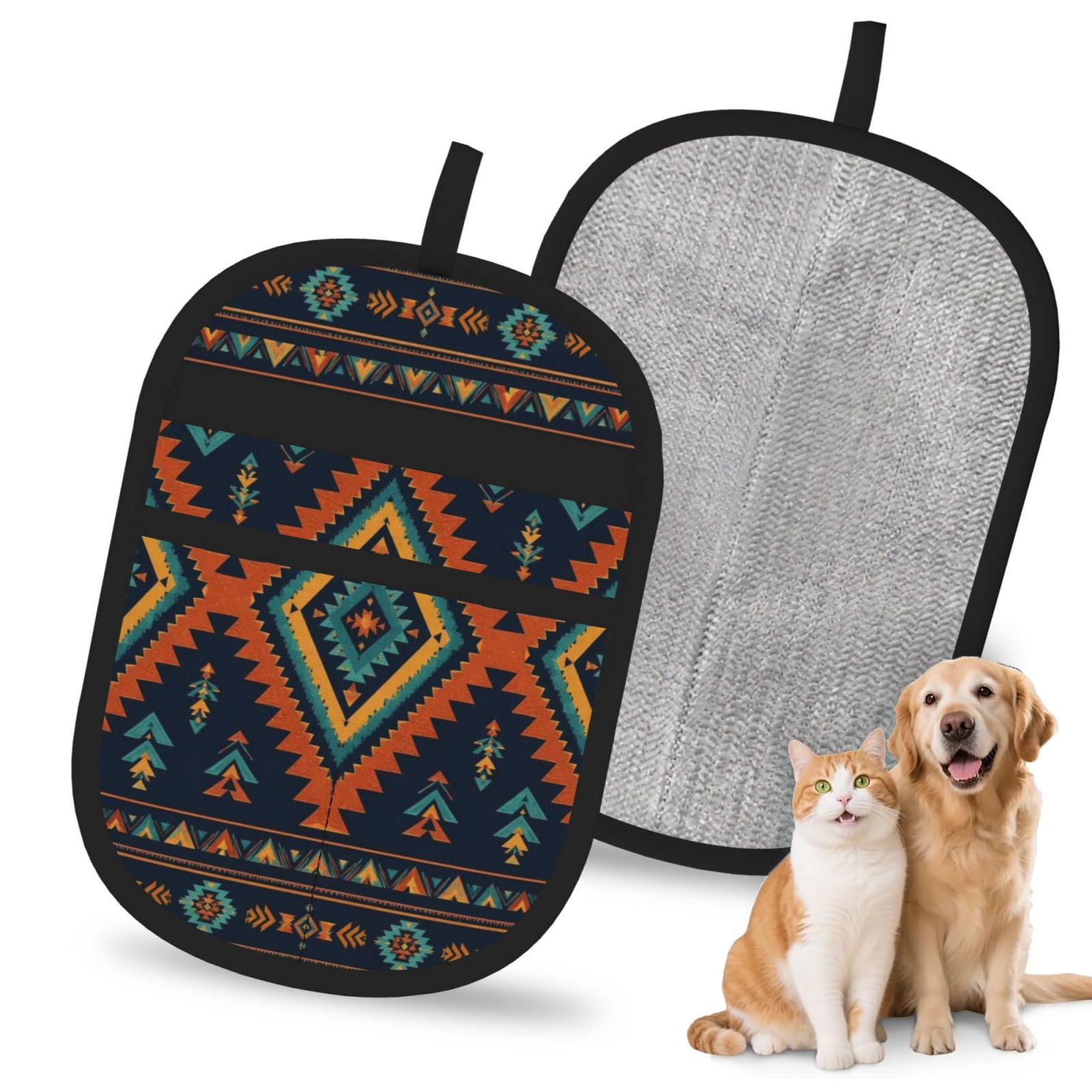 Southwestern Style Navy Tribal Pattern Pet Hair Remover Glove Reusable Dog & Cat Fur Removal Brush Electrostatic Cleaning Tool