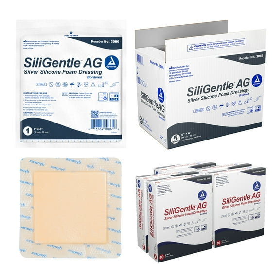 Dynarex SiliGentle AG Silver Silicone Foam Dressings, Wound Care, Soft & Absorbent, White, 6” x 6” Adhesive Foam Pad Dressing with Silicone Layer, 1 Case of 50