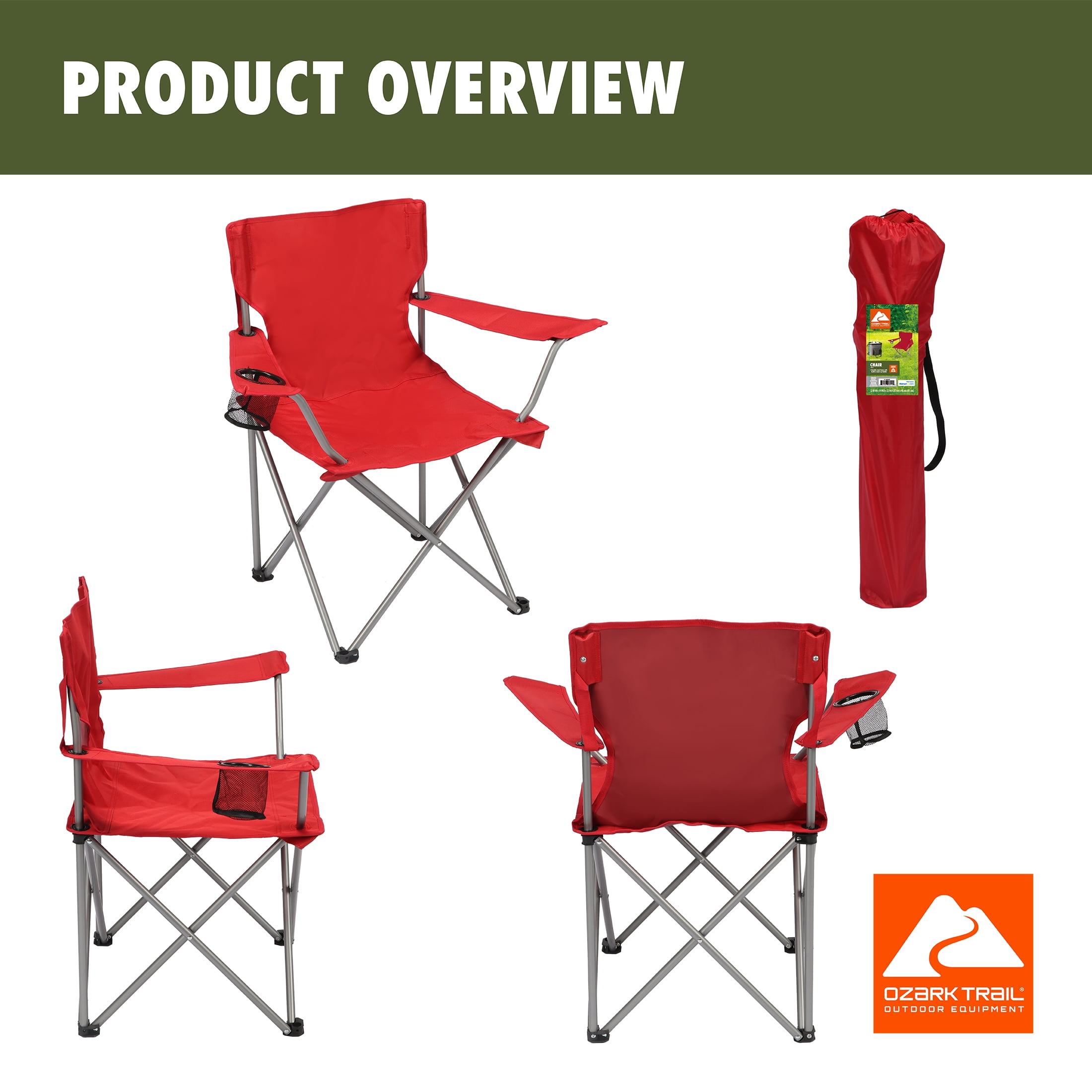 Ozark Trail Quad Folding Camp Chair with Cup Holder, Dark Red