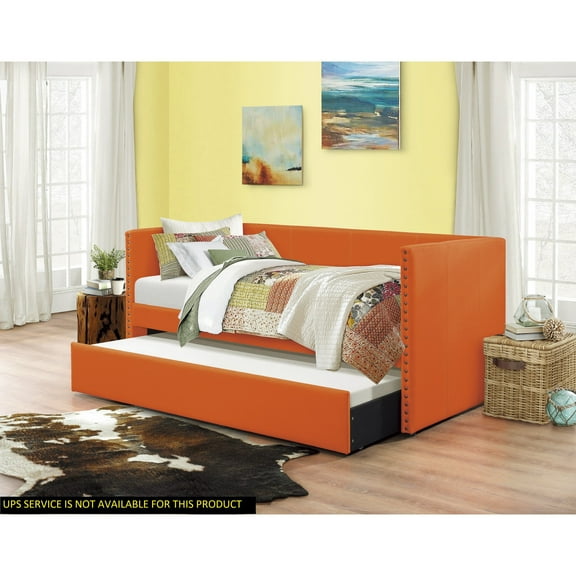 Newboti Furniture Orange Fabric Upholstered Day Bed with Pull-out Trundle Nailhead Trim Wood Frame Furniture NO.35531
