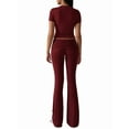 thumbnail image 3 of Women's 2-Piece Lounge Set with Ruched Short Sleeve Top and High-Waist Wide Leg Pants Wine Red XL, 3 of 10