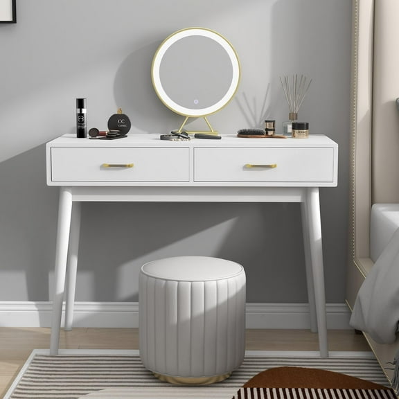 White Small Writing Desk with Drawers, 40 Inch Writing Desk for Home Office, Vanity Table with Solid Wood Leg for Small Spaces