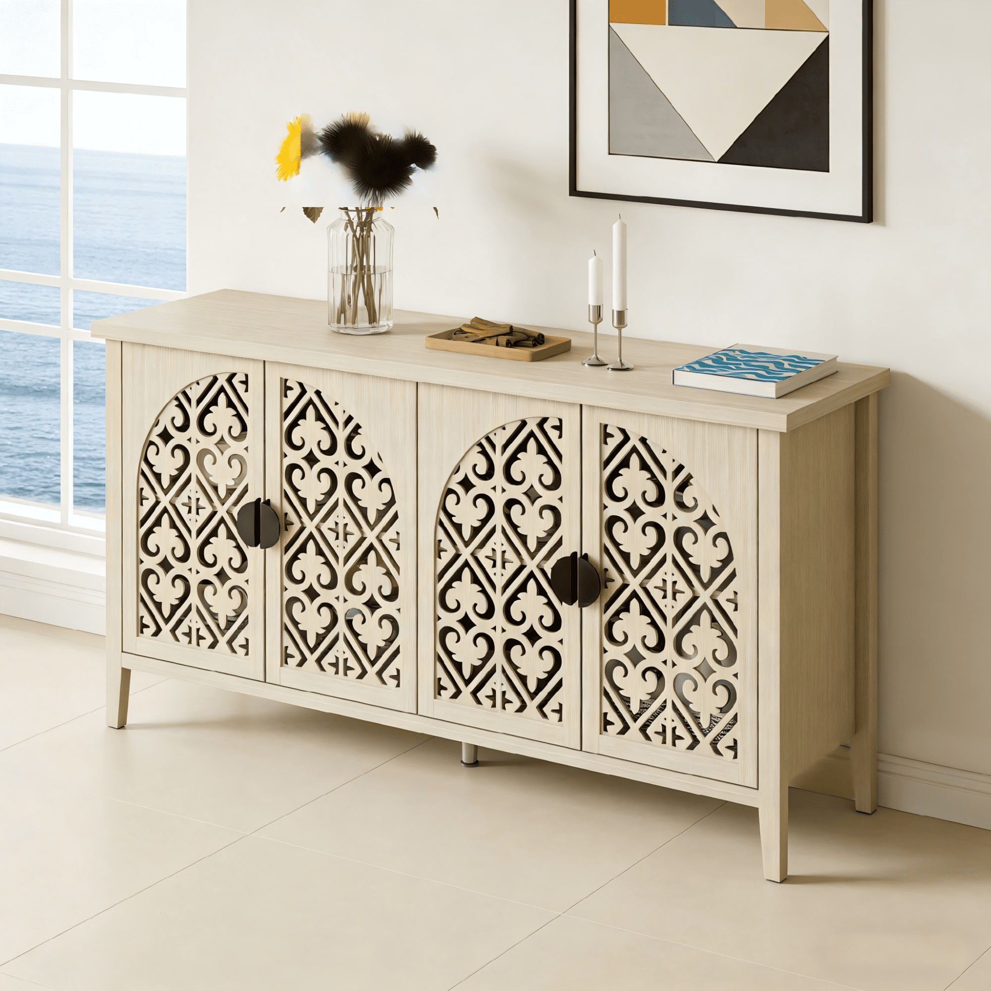 Gewnee Hollow-Design 4-Door Cabinet, Traditional American Furniture for Bedroom, Living Room and Study