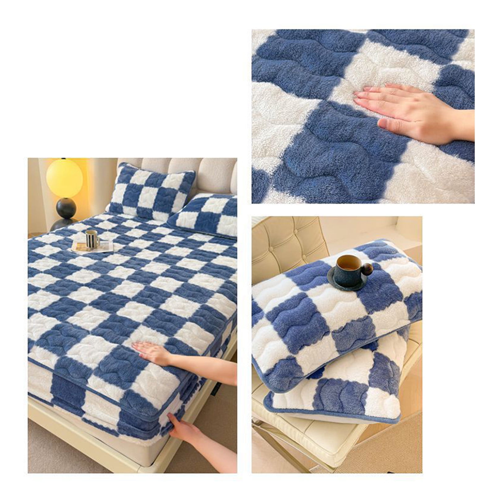 Quilted Fitted Sheet Winter Warm, Checkerboard Pattern Mattress Protector – Breathable Non-Slip Pocket Design, Soft Polyester Bed Cover for Care Bed, Home or Guest Room