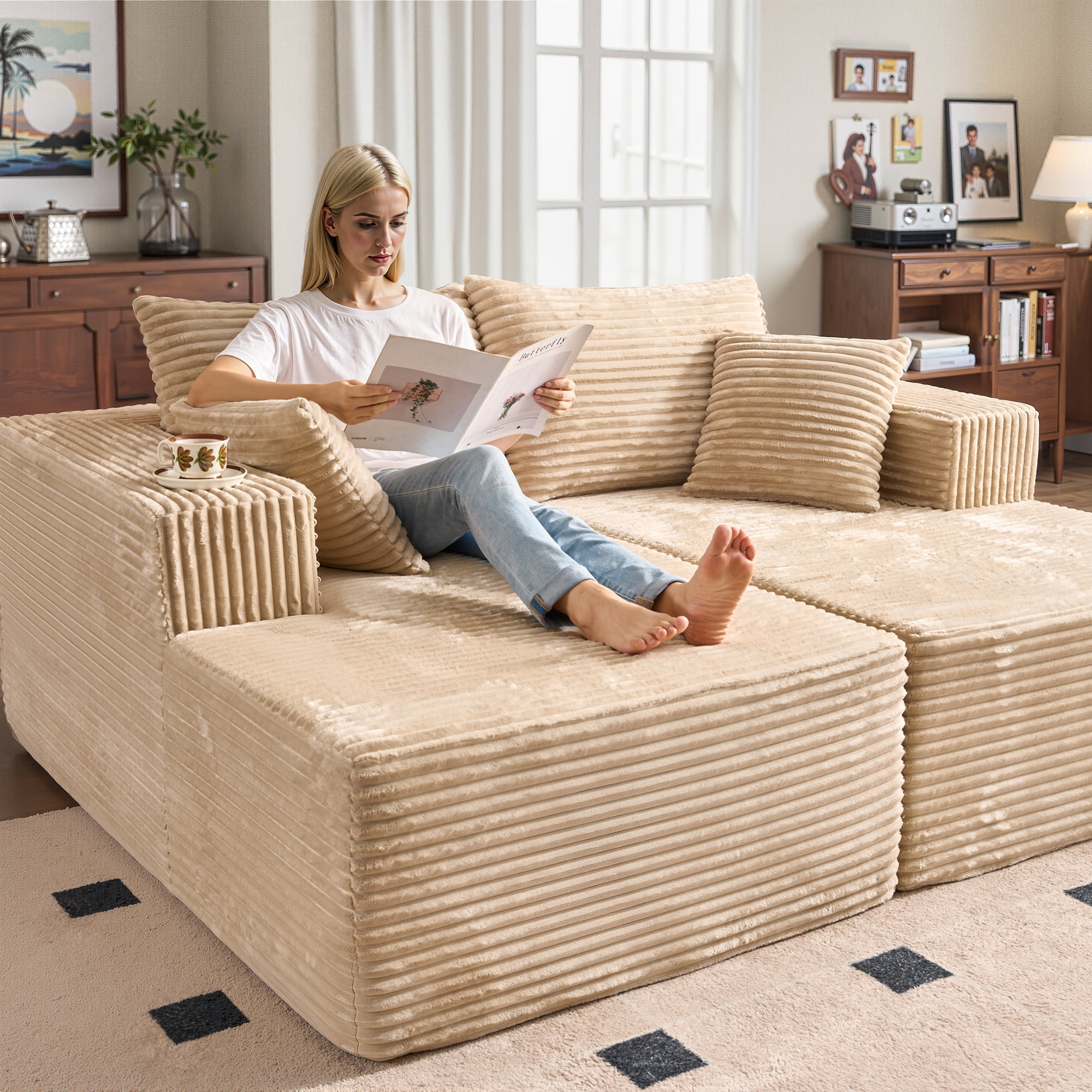 Vcatnet 75"x62" Modular Sectional Sofa Couch Plush Corduroy Chaise Lounge Loveseat Sofa Bed Oversized Upholstered Sleeper Sofa for Living Room and Bedroom, Beige