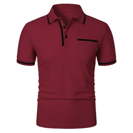 Mens Shirts Under $10 Men s Shirts 2025 Short Sleeve Casual T Shirt Color Block Slim Fit Golf Shirts with Pocket Wine XXXL
