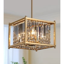 Q&S 4 Lights Gold Chandelier,Modern Industrial Antique Brass Square Crystal Chandeliers Hanging Pendant Light Fixture for Dining Room Hallway Entryway Kitchen Island UL Listed