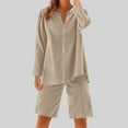 thumbnail image 2 of UAMVSH Women Button down Two Piece Sets Plus Size Cotton Linen Long Sleeve Shirts and Drawstring Bermuda Shorts Beach Outfits(Small,Beige), 2 of 7