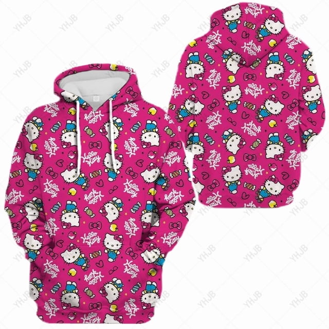 Hello Kitty Sweat à Capuche Oversize Y2k pour Femmes Automne Hiver Chandail en Molleton Noir Imprimé Graphique Manches Longues Mode HOEMLIN