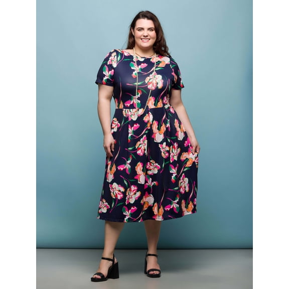 Plus Size Floral Fit N Flare Pocket Midi Dress