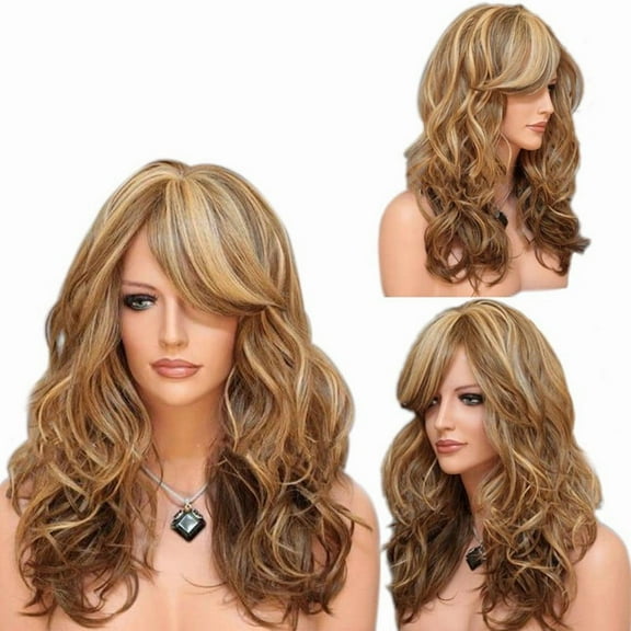 TL New European and American Style Wig for Women, Mixed Blonde Wig, Medium Long Curly Hair with Side Bangs, Synthetic Wig