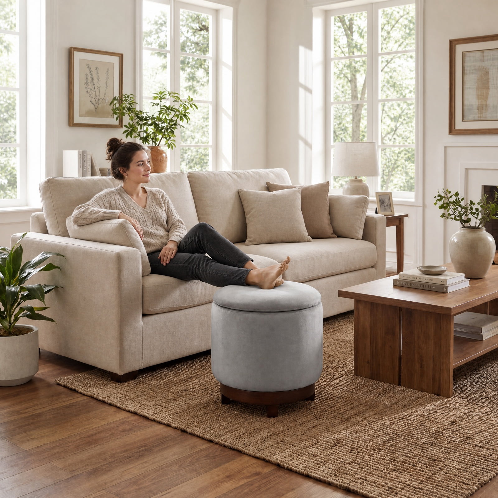 Furnibear 360 Degree Swivel Velvet Foot Rest Storage Ottoman with Hidden Compartment and Solid Acacia Wood Frame for Living Room and Bedroom, Gray