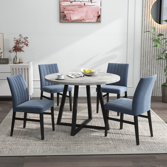 Roundhill Furniture Edo 5-Piece Dining Set, Round Trestle Table and 4 Upholstered Chairs, Gray and Blue