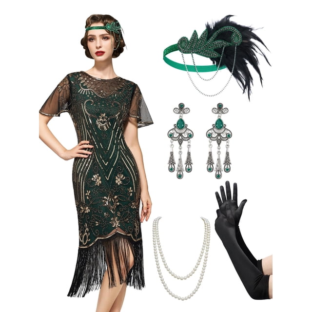 Vestido SWEETV Great Gatsby para mujer Roaring 20s verde talla M