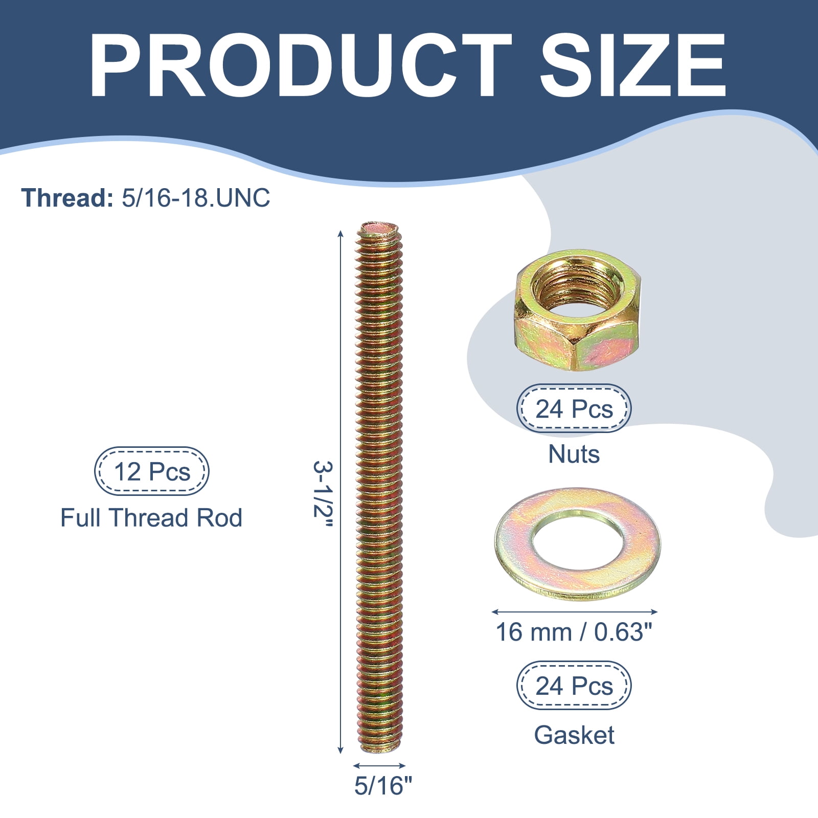 5/16" x 3-1/2" Color Zinc Fully All Thread Rod, 12 Pcs Carbon Steel Long Threaded Screw for Furniture Garden