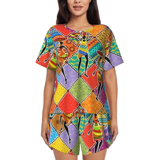 Balery Dancing African Womans Conjunto de Pijama para Mujer con Estampado, Dos Piezas de Manga Corta y Shorts, Ropa de Dormir Suave con Cuello Redondo y Bolsillos-3X-Large