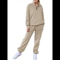 thumbnail image 2 of Conjuntos de Dos Piezas para Mujer: Jersey de Larga con Media Cremallera y Pantalón Deportivo Holgado con Bolsillos. Caqui L, 2 of 8