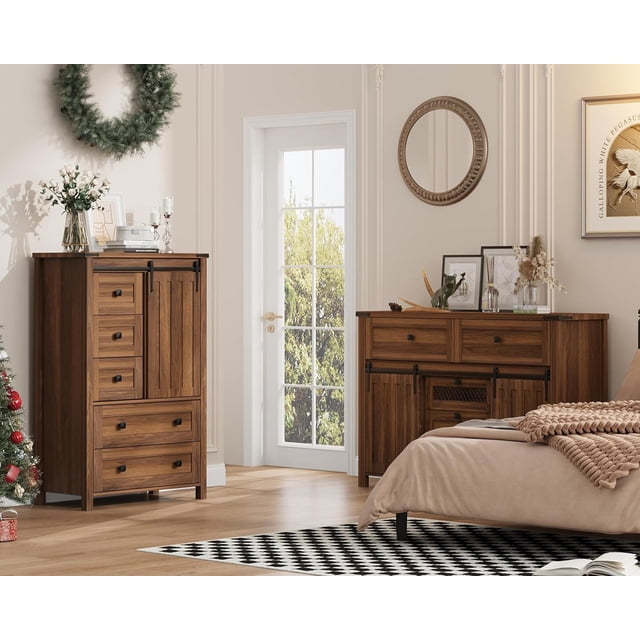Qinaqin Estilo Granja 5 Cajón Dresser Para Bedroom 48 En Tall Wood Chest De Con Sliding Barn Door Ajustable Estantería Almacenamiento Organizador Hallway Living Room Cocina- Walnut