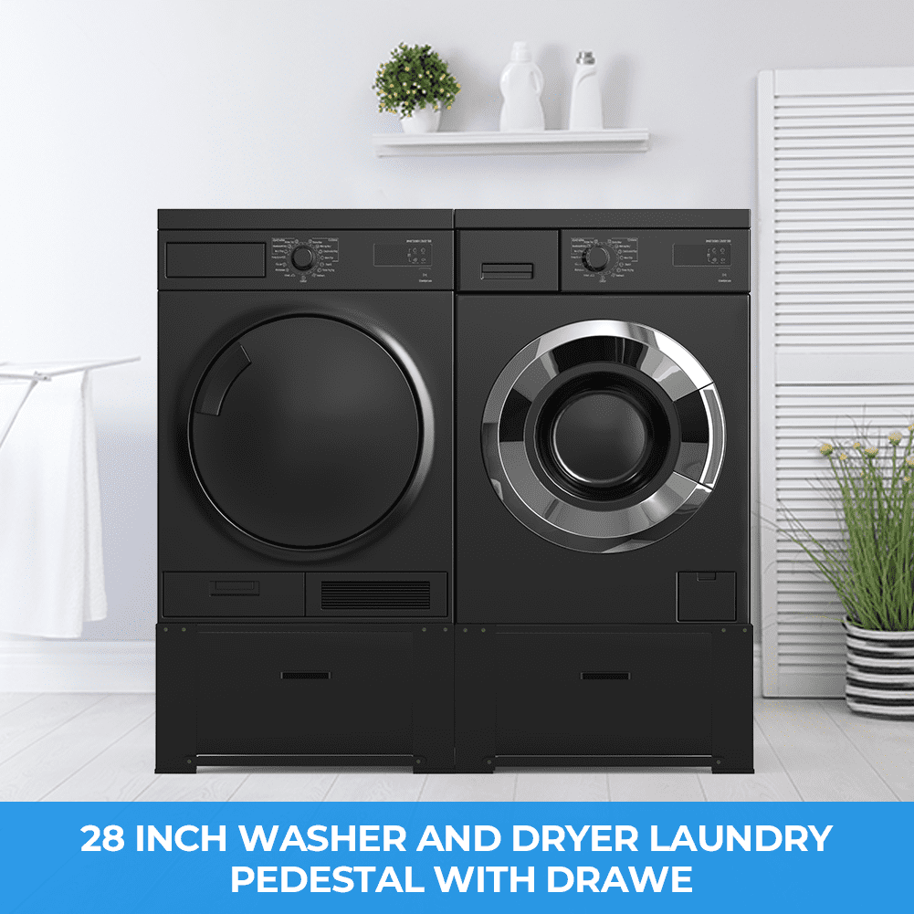 28.4" Washing Machine Pedestal with Drawer and Upper Panel Matalde Laundry Pedestal Upgraded Design, Washer and Dryer Stand, Black