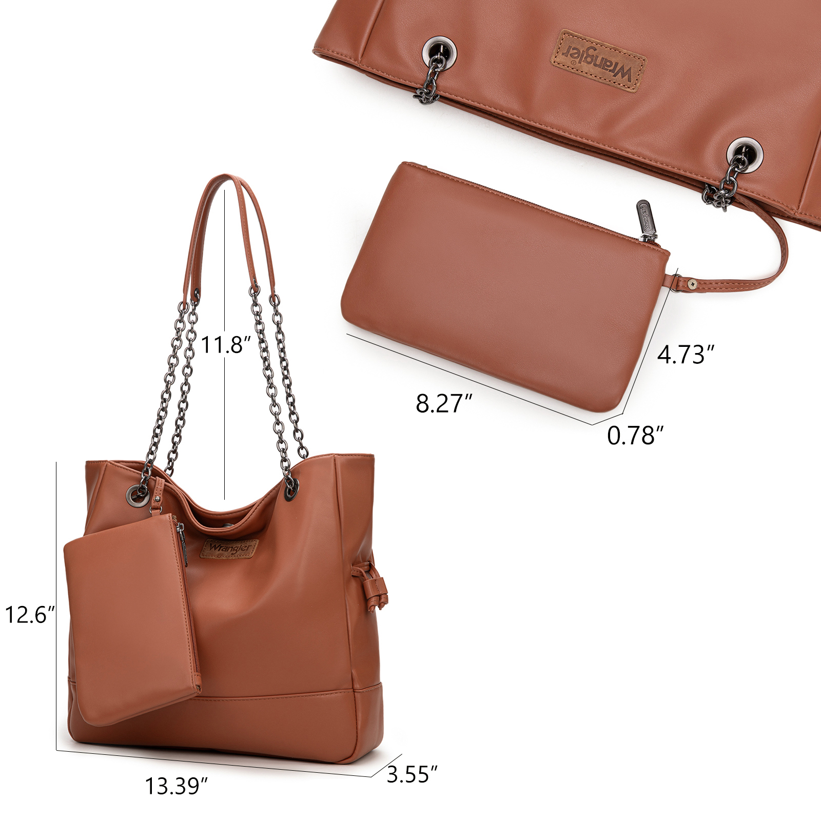 Wrangler Tote Bag for Women 2PCS Purses and Handbags Drawstring Shoulder Bag with Chain Straps, Brown