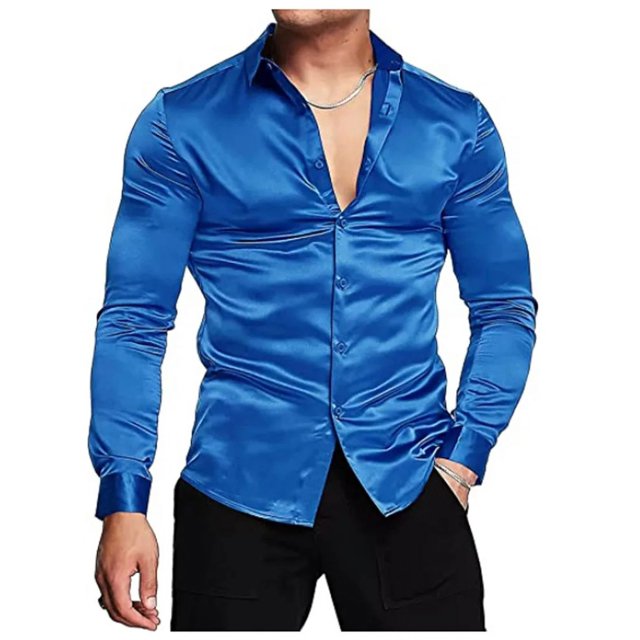 Camisa de vestir de satén de seda brillante de lujo para hombre Camisa informal de manga larga con botones y músculos ajustados Talla grande S-3XL