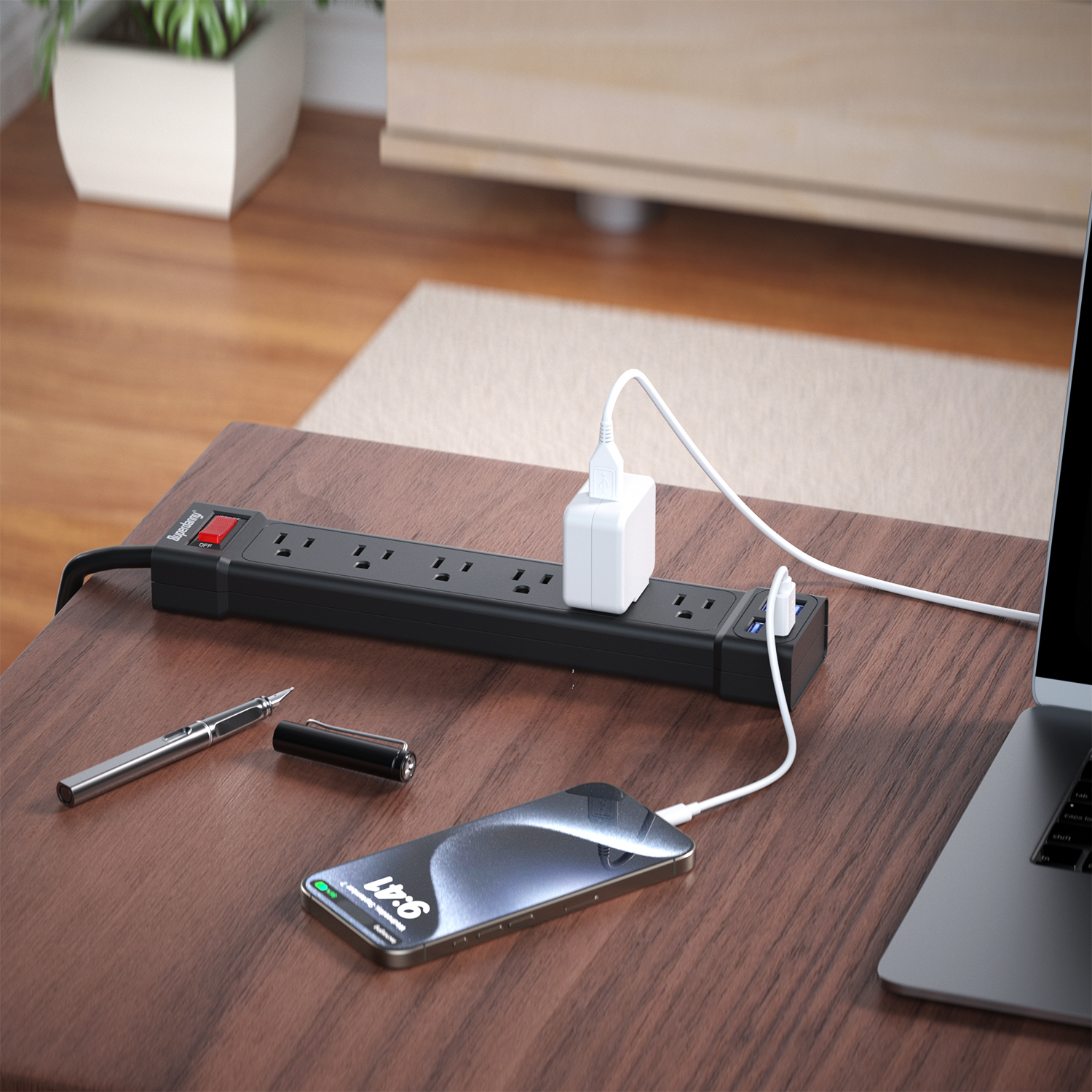 SUPERDANNY Surge Protector Power Strip with USB Ports 6AC Outlets Extender 4ft Wall Mountable
