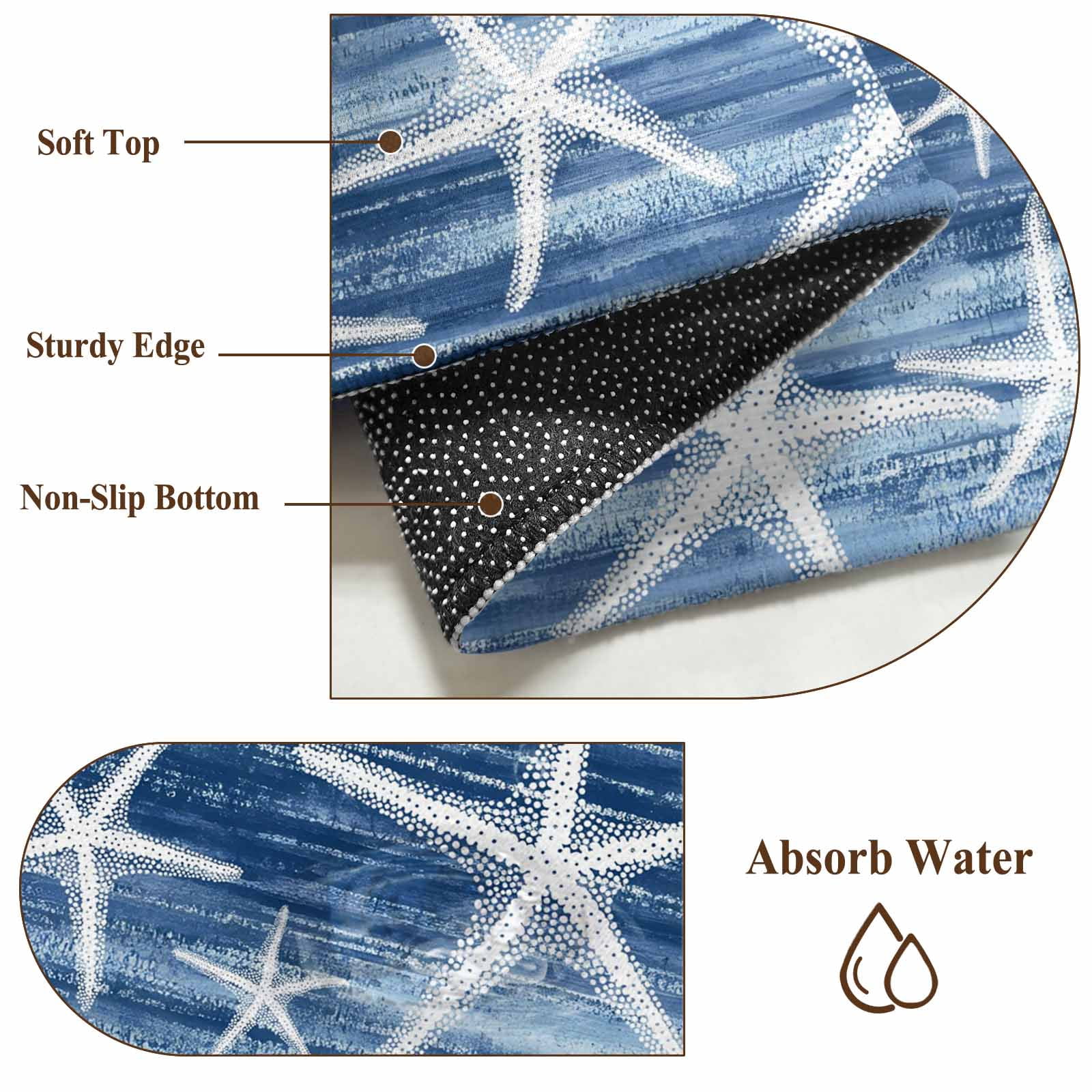 Rectangle Area Rugs 5 x 8 Ft, Navy Blue Coastal Non-Slip Residential Carpet, Summer Ocean Waves Ombre Sea Starfish Indoor Crawling Mats Runner Rugs for Living Room/Dining Room/Bedroom